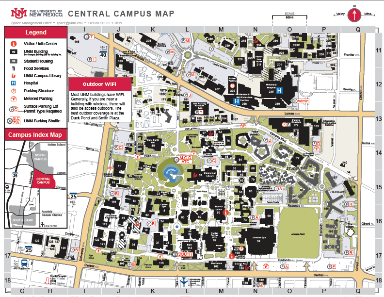 In addition to coverage around the Duck Pond, the Main campus, bordered to the north nearly to Lomas, to the east by Cornell Mall, to the south by Central, and to the west by Yale Boulevard, has access to the wireless network. Generally, if you are near a building with wireless, there will usually be some access in close proximity to the building.