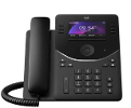 Cisco desk phone with a handset, full keypad, navigation button, and a color display showing time and calling options.